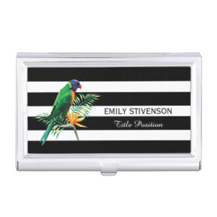 Elegant Black White Stripes With Parrot Business Card Case