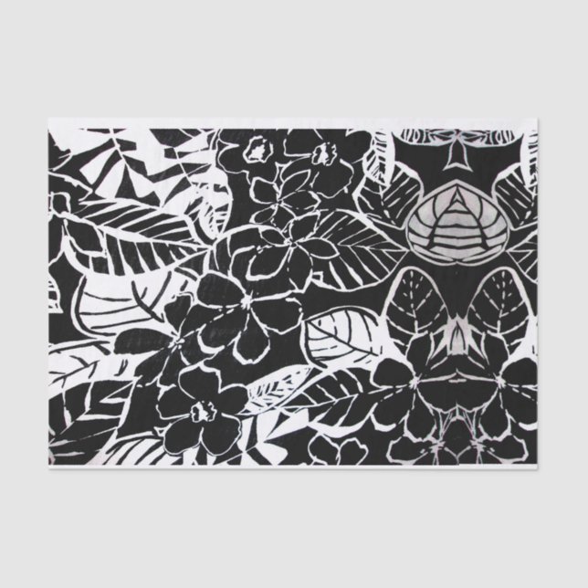 Elegant Black & White Stylized Flowers & Foliage Tissue Paper (Front)