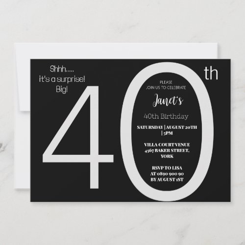 Elegant Black  White Surprise forty Birthday  Invitation