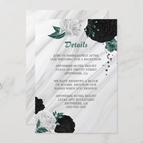 Elegant black white   teal flowers details enclos enclosure card