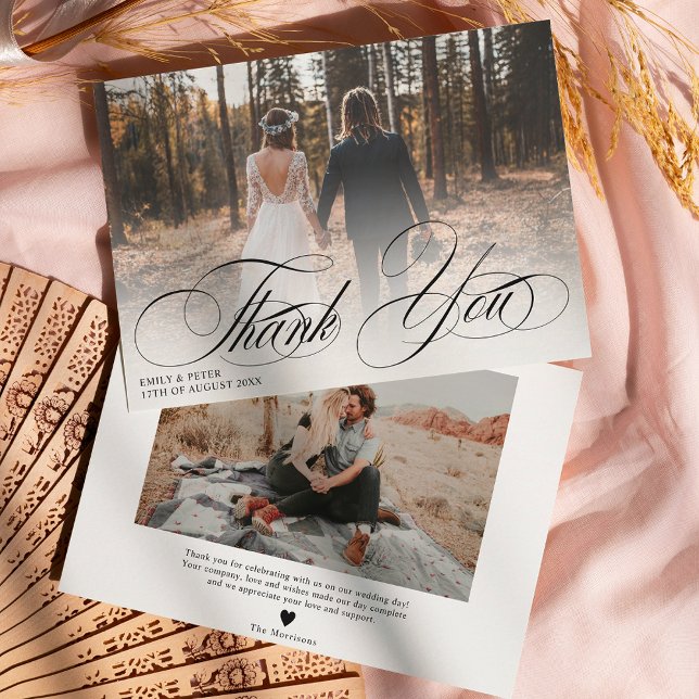 Elegant black white thank you 2 photos wedding  card (Elegant black white thank you 2 photos wedding )