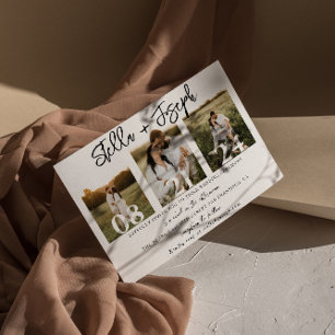 Elegant Black & White Three Photos Collage Wedding Invitation