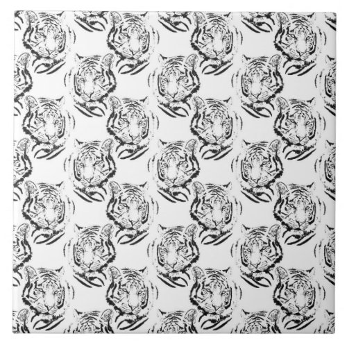 Elegant Black  White Tiger Head Print Design Ceramic Tile