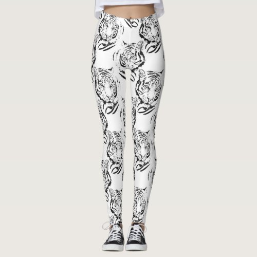 Elegant Black  White Tiger Head Print Design Leggings
