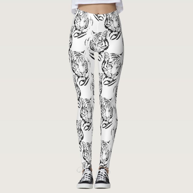Elegant Black & White Tiger Head Print Design Leggings (Front)