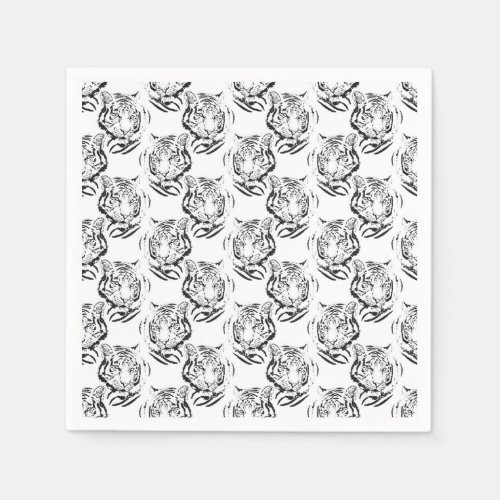 Elegant Black  White Tiger Head Print Design Napkins