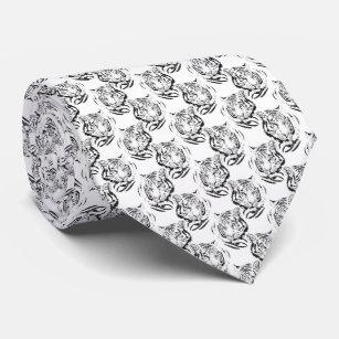 Elegant Black & White Tiger Head Print Design Neck Tie