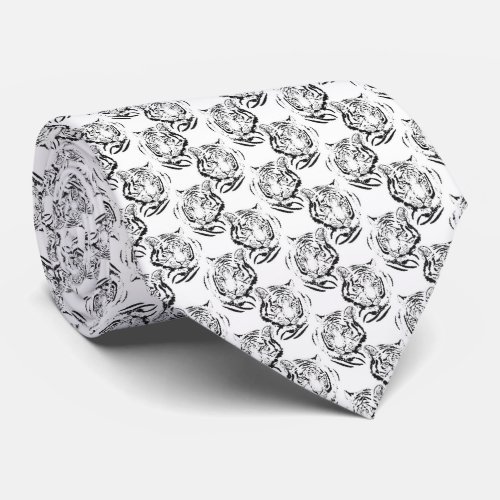 Elegant Black  White Tiger Head Print Design Neck Tie