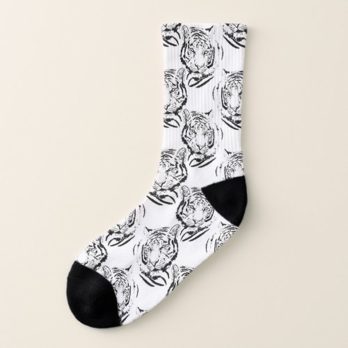 Elegant Black  White Tiger Head Print Design Socks