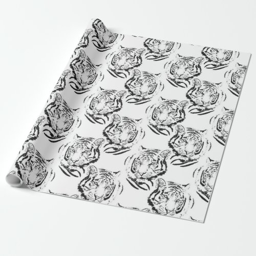 Elegant Black  White Tiger Head Print Design Wrapping Paper