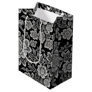 Elegant Black & White Toile Floral Damask Medium Gift Bag