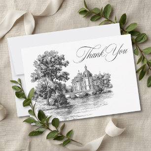 Elegant Black White Toile French Manor Wedding Thank You Card