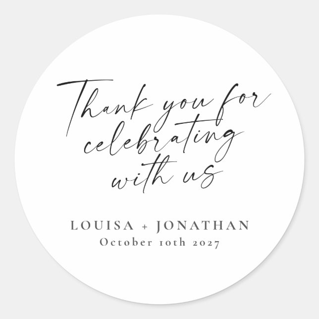 Elegant Black White Trendy Script Custom Thank You Classic Round Sticker (Front)