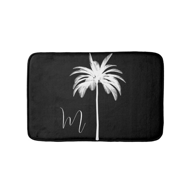  Elegant Black White Tropical  Palm Tree Bath Mat (Front)