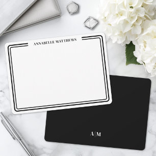 Elegant Black White Two Border Minimalist Monogram Note Card