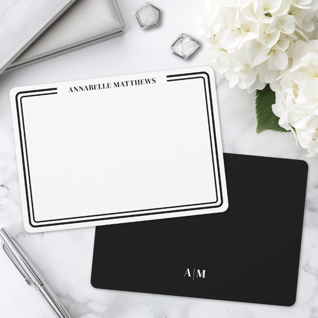 Elegant Black White Two Border Minimalist Monogram Note Card (Elegant Black White Two Border Minimalist Monogram Note Card )
