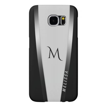 Elegant black white two silver, name and monogram samsung galaxy s6 case