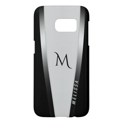 Elegant black white two silver, name and monogram samsung galaxy s7 case