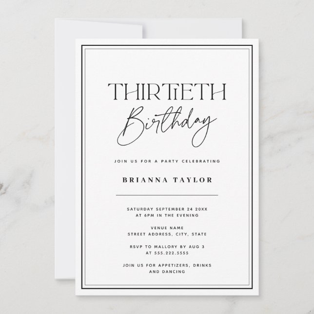 Elegant Black & White Typography 30th Birthday Invitation (Front)