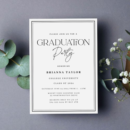 Elegant Black White Typography Graduation Party Invitation