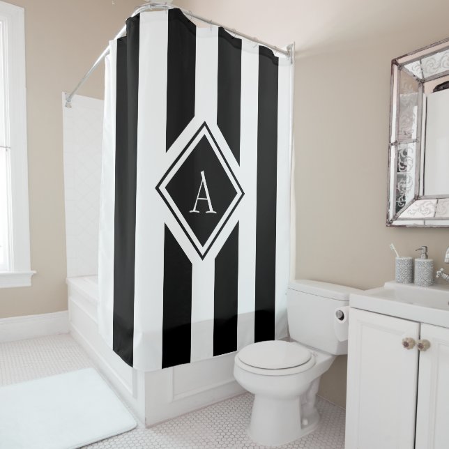Elegant Black White Vertical Stripes Monogram Shower Curtain (In Situ)