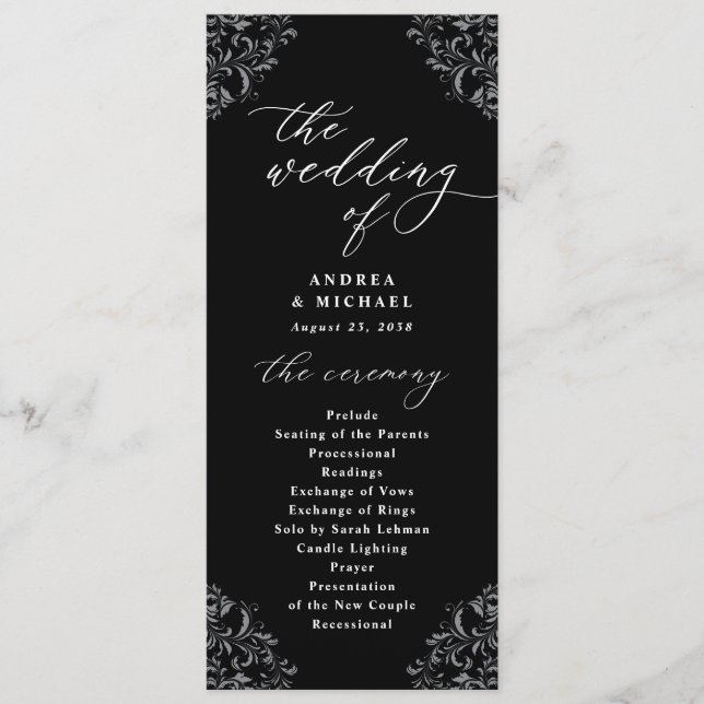 Elegant Black & White Vintage Classic Wedding Program (Front)