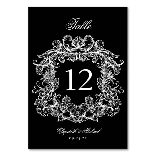 Elegant Black White Vintage Crest Wedding Table Number