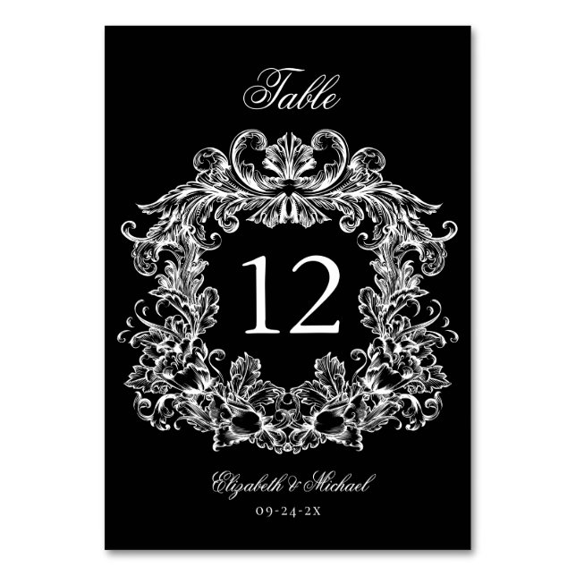 Elegant Black White Vintage Crest Wedding Table Number (Front)