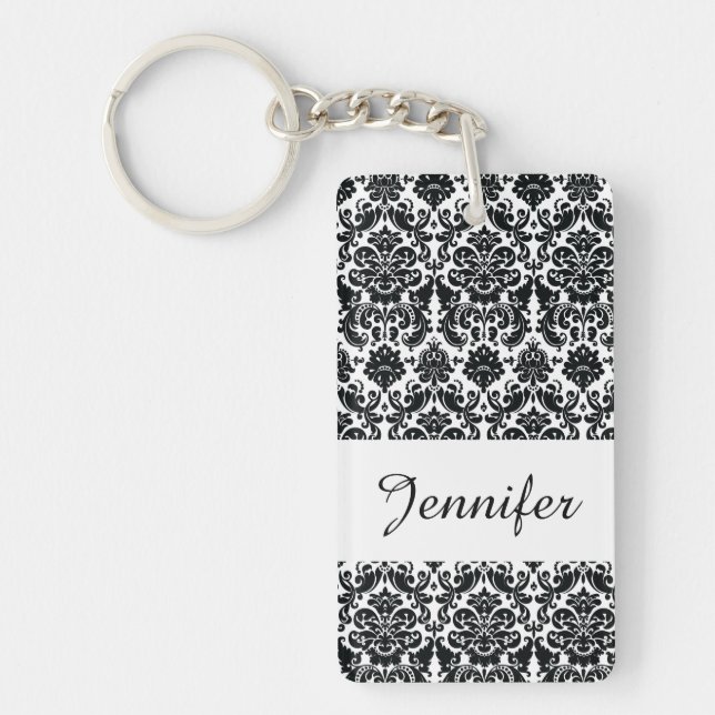Elegant Black White Vintage Damask Pattern Keychain (Front)