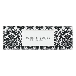 Elegant Black White Vintage Damask Pattern Name Tag