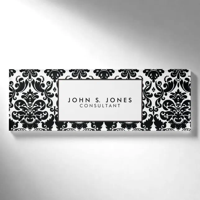 Elegant Black White Vintage Damask Pattern Name Tag | Zazzle