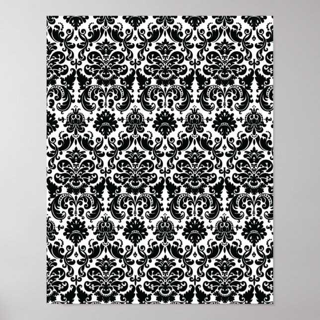 Elegant Black White Vintage Damask Pattern Poster (Front)
