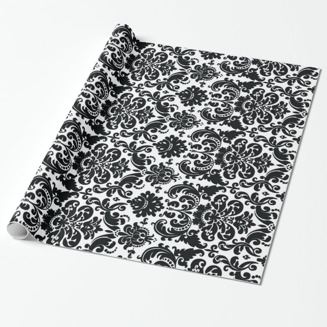 Elegant Black White Vintage Damask Pattern Wrapping Paper (Unrolled)