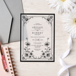 Elegant black white vintage floral frame wedding vellum invitations