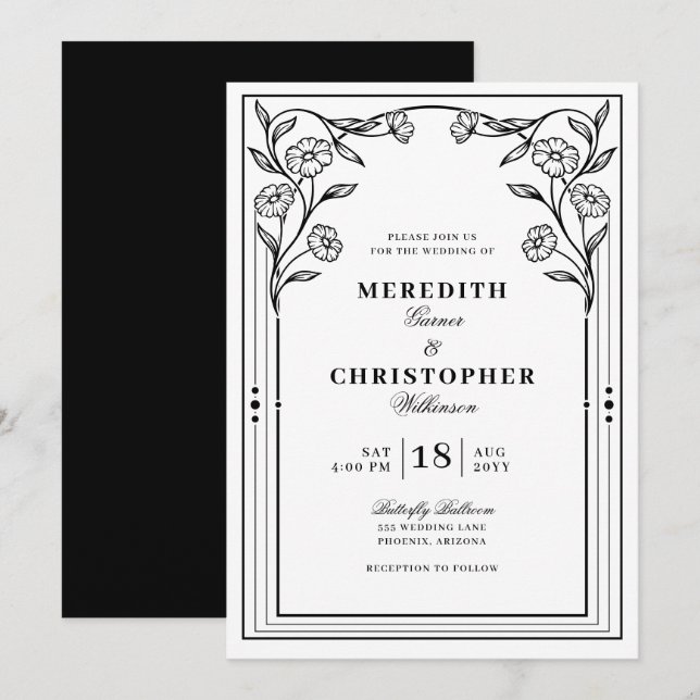 Elegant Black & White Vintage Floral Wedding Invitation (Front/Back)