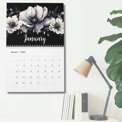 Elegant Black White Watercolor Floral  Calendar