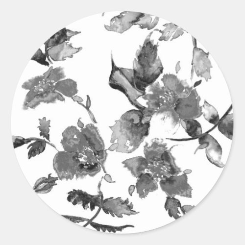 Elegant black white watercolor floral classic round sticker