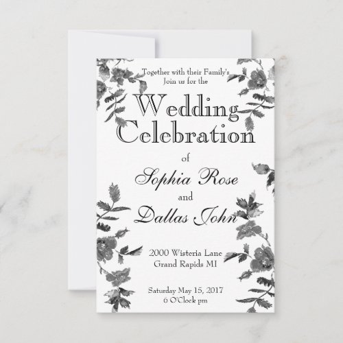 Elegant black white watercolor floral invitation