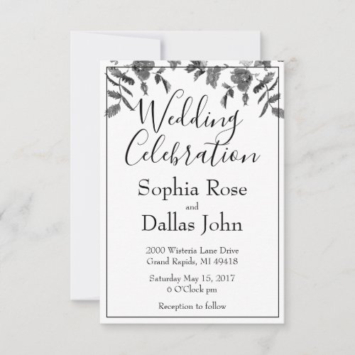 Elegant black white watercolor floral roses invitation