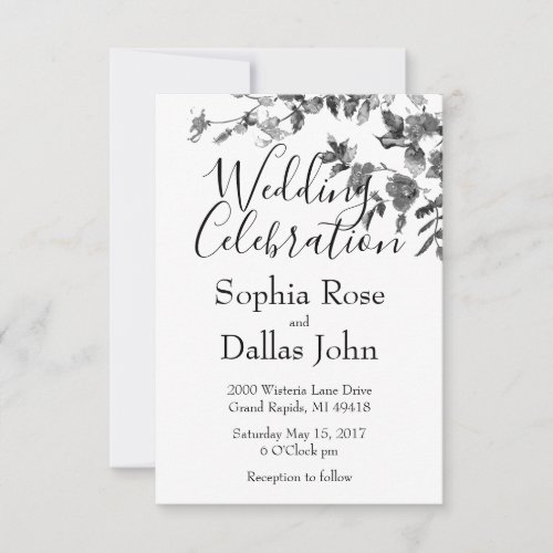 Elegant black white watercolor floral roses invitation