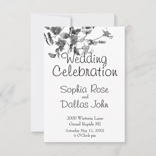 Elegant black white watercolor floral roses invitation