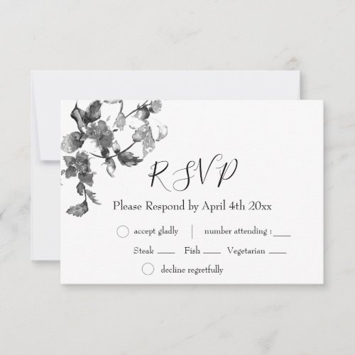 Elegant black white watercolor floral roses RSVP card