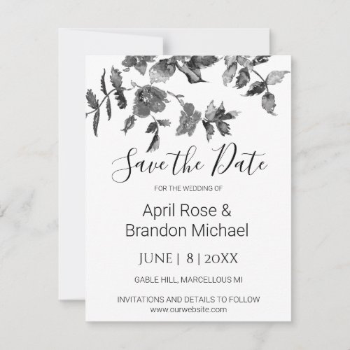 Elegant black white watercolor floral roses save the date