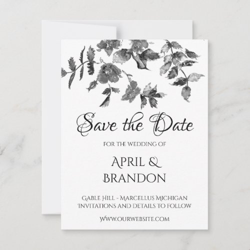 Elegant black white watercolor floral roses save the date