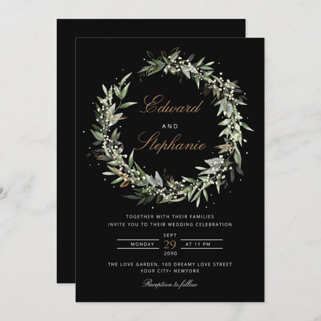 Elegant Black & White Watercolor Greenery Wedding Invitation (Front/Back)