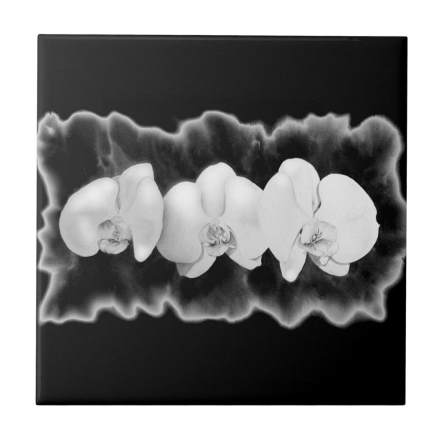 Elegant black white watercolor orchids ceramic tile (Front)