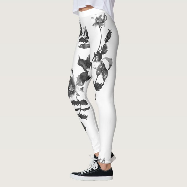 Elegant black white watercolor roses floral leggings (Left)