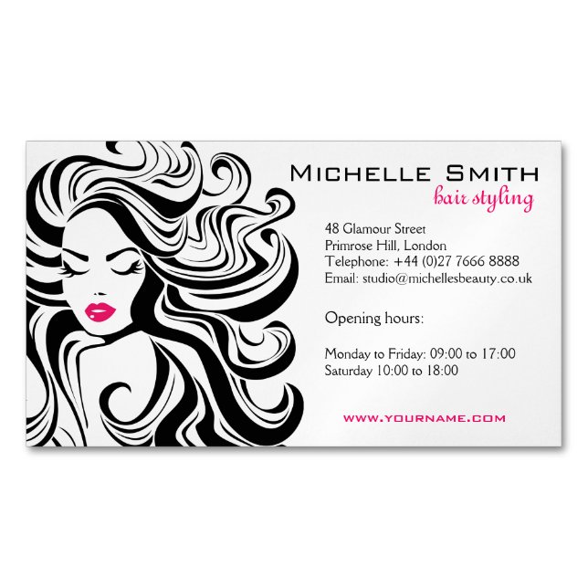 Elegant Black White Wavy Hairstyle Hair Extensions Business Card Magnet (Front)