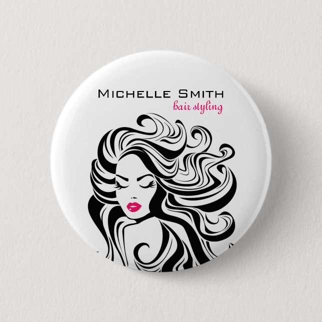 Elegant Black White Wavy Hairstyle Hair Extensions Pinback Button (Front)