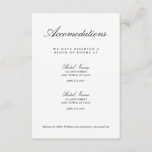 Elegant Black White Wedding Accomodations Card (Front)